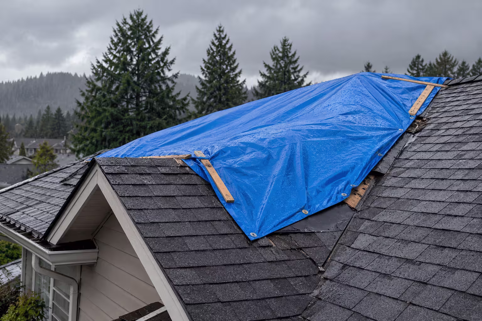 Emergency tarping over storm roof damage on a home in Olympia, WA
