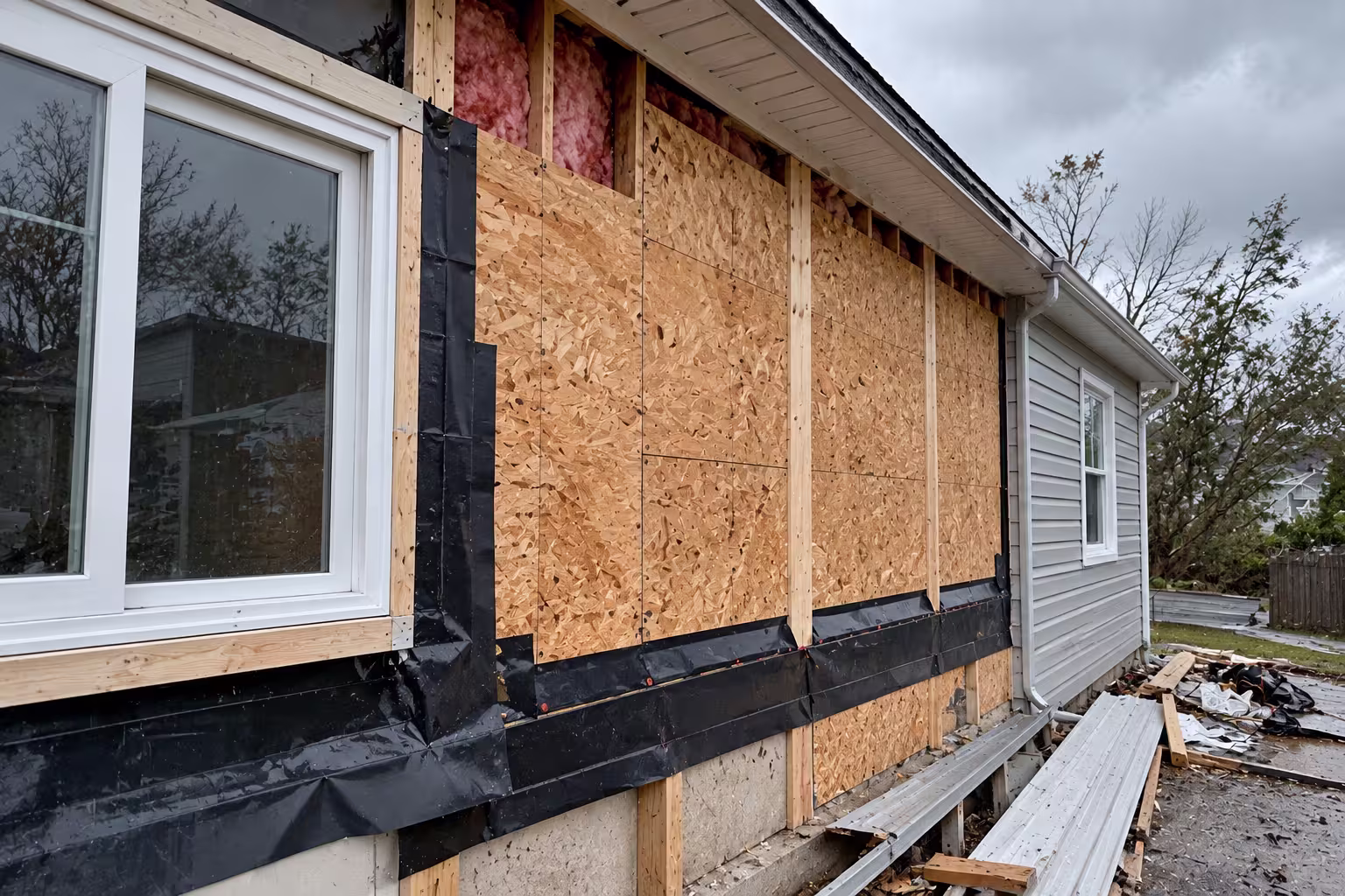 KD Design crew repairing storm damaged siding and sheathing on a Lacey, WA home