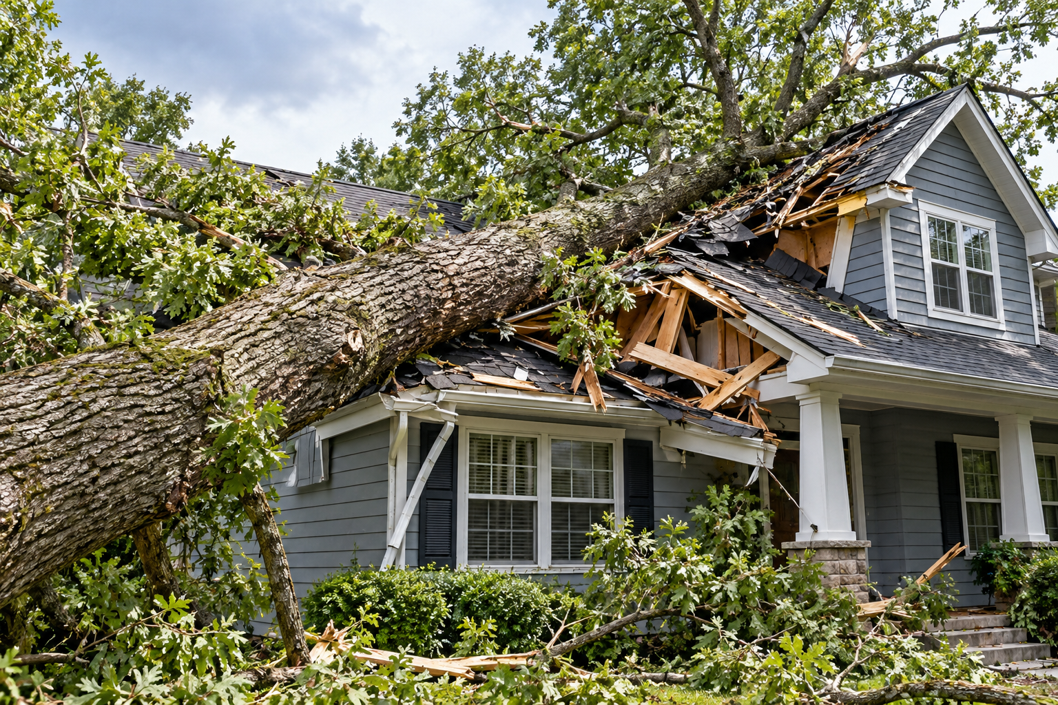 Fallen Douglas fir on a home's roof after a windstorm near Olympia, WA, showing fallen tree damage and structural damage that needs storm damage repair
