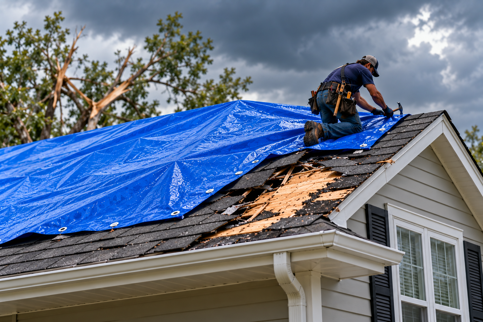Blue tarp secured over a storm-damaged roof section while framing repairs are planned on an Olympia, WA home