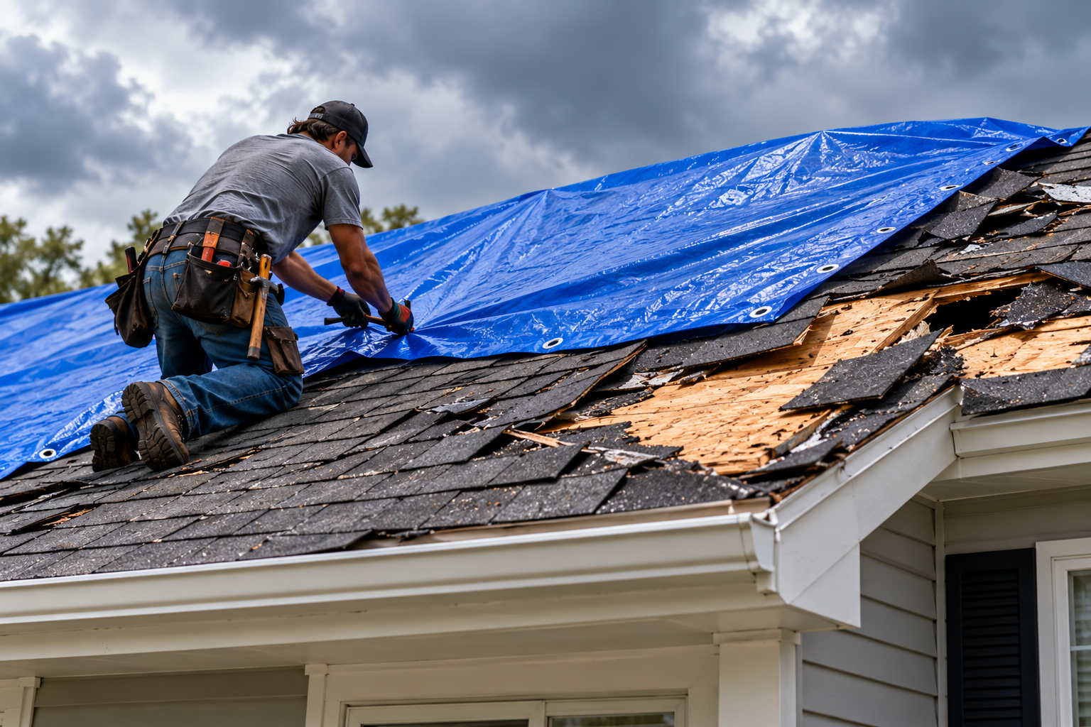 Roofer tarping missing shingles on a moss-covered roof to stop leaks from roof storm damage in Thurston County, WA